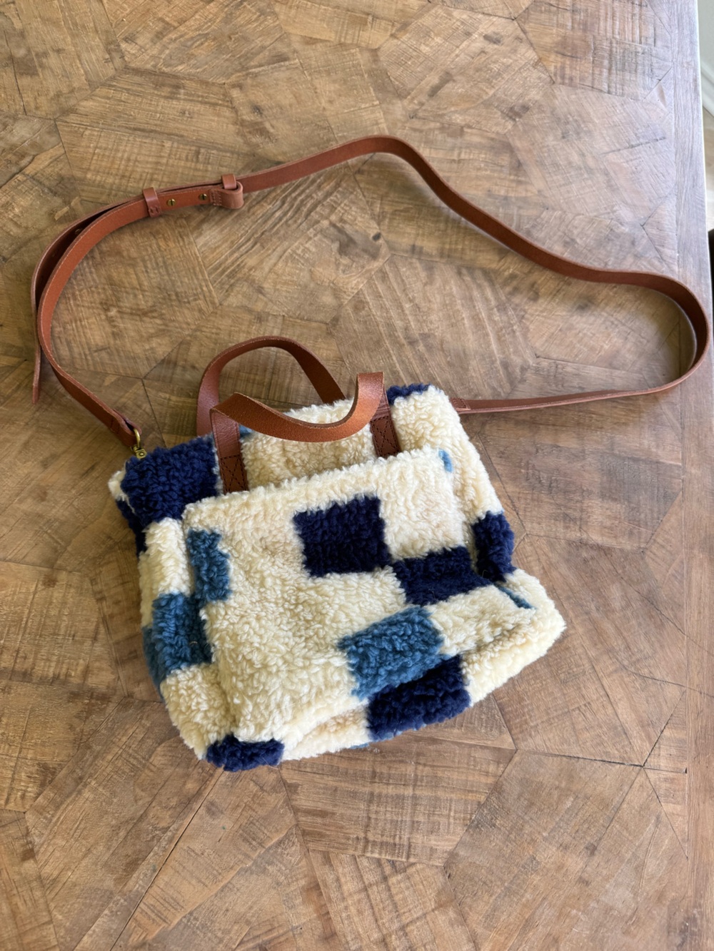 Madewell Cream Sherpa Crossbody Bag with Blue Checker Accents